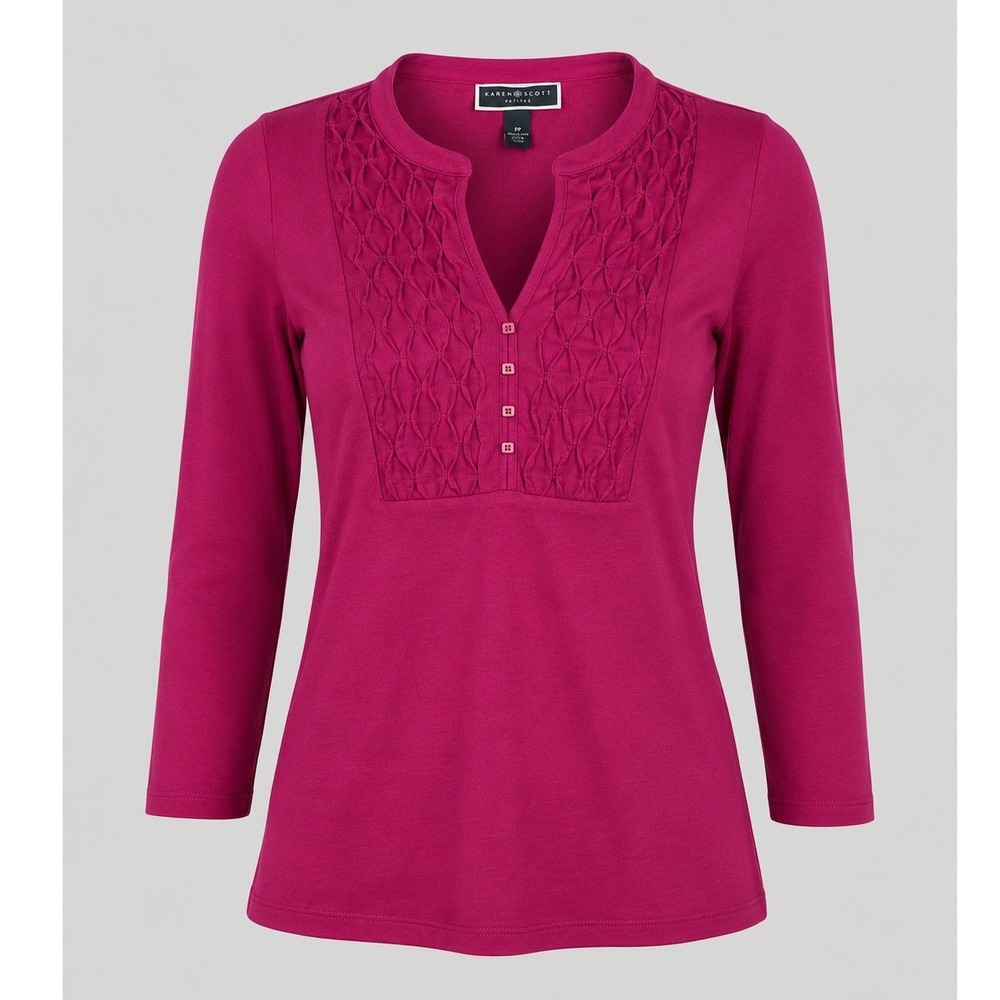 Karen Scott Petites Raspberry Pink Smocked Split Neck 3/4 Sleeve Top PP NEW